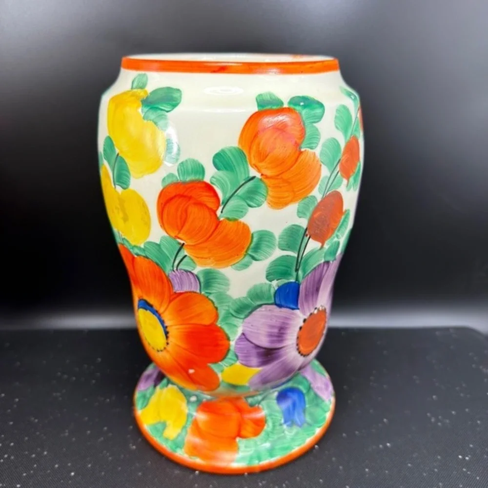 Vintage Czechoslovakia Hand Painted Floral Ceramic Vase Vessel Multi Color 1930s